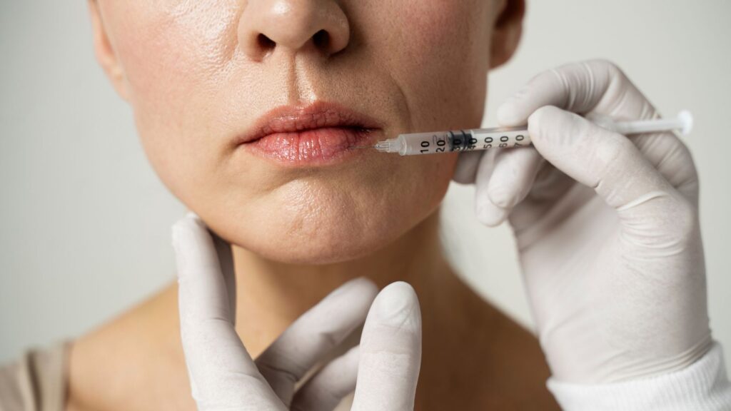 Clinician performing a lip filler treatment using a syringe on a woman’s lips