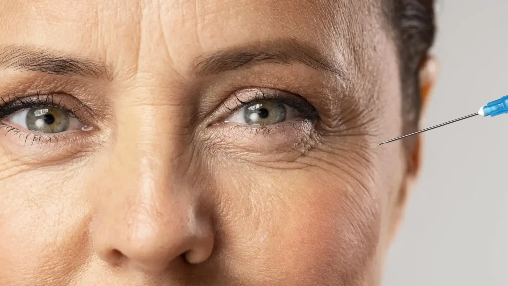Close up of botox injection Toronto treatment targeting crow’s feet wrinkles around the eyes for smoother skin