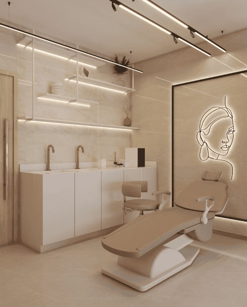 A contemporary beauty treatment room featuring a high-end treatment chair, clean design, minimalist shelves, and soft lighting, ideal for professional skincare services.