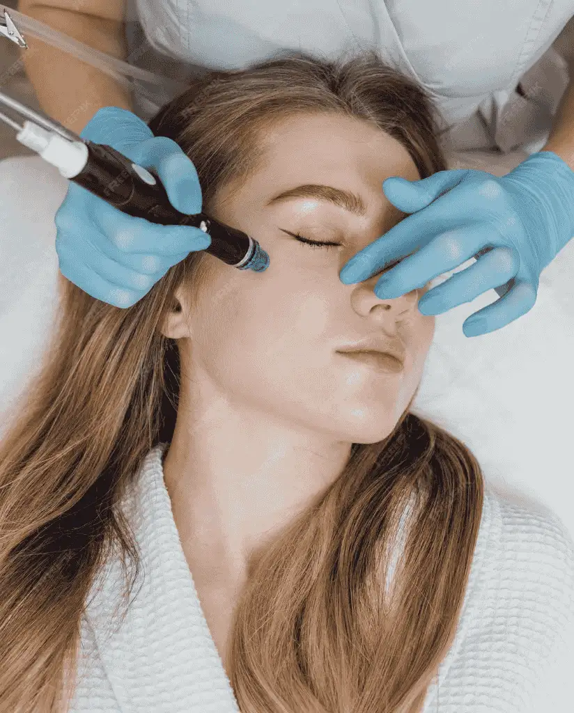 A skincare professional performing microneedling on a client’s face to improve skin texture and appearance, using a microneedling device with precision.