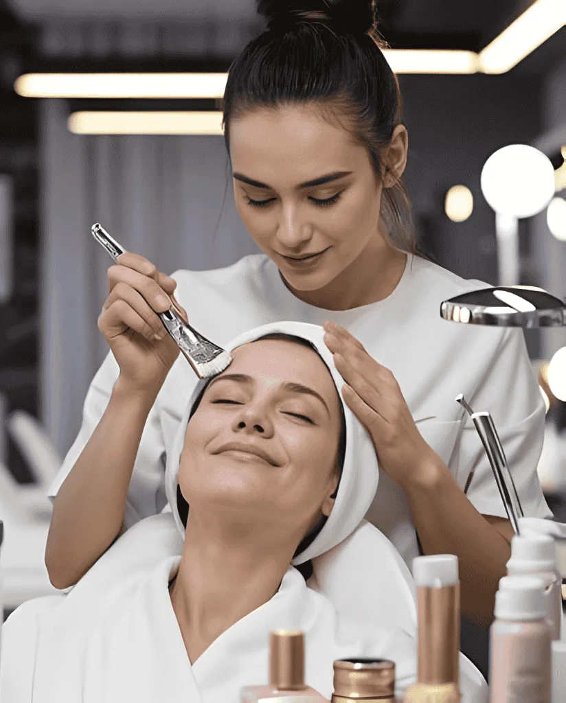 A professional skincare expert applying a facial treatment product to a client’s face, with focused attention and care under bright, professional lighting.
