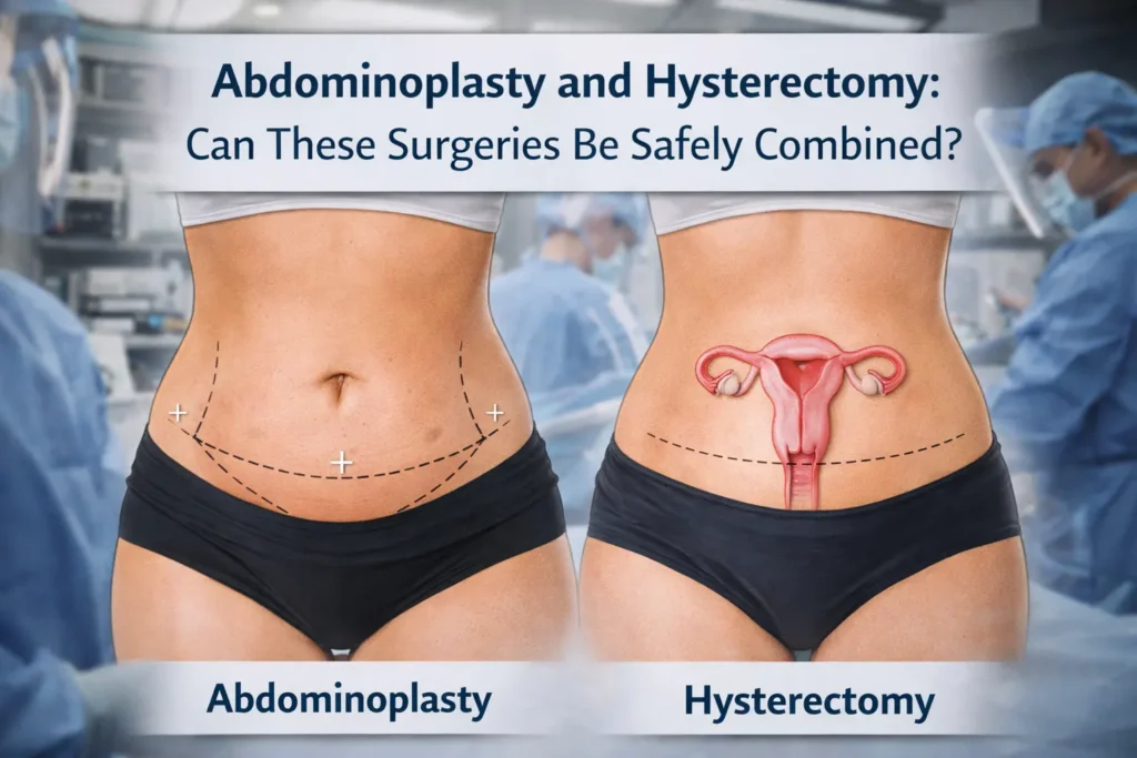 Featured image showing abdominoplasty and hysterectomy comparison with surgical markings and uterus illustration explaining whether both surgeries can be safely combined