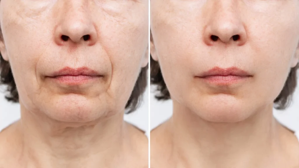 Close up before and after results of botox injection Toronto showing smoother skin and reduced smile lines around the mouth
