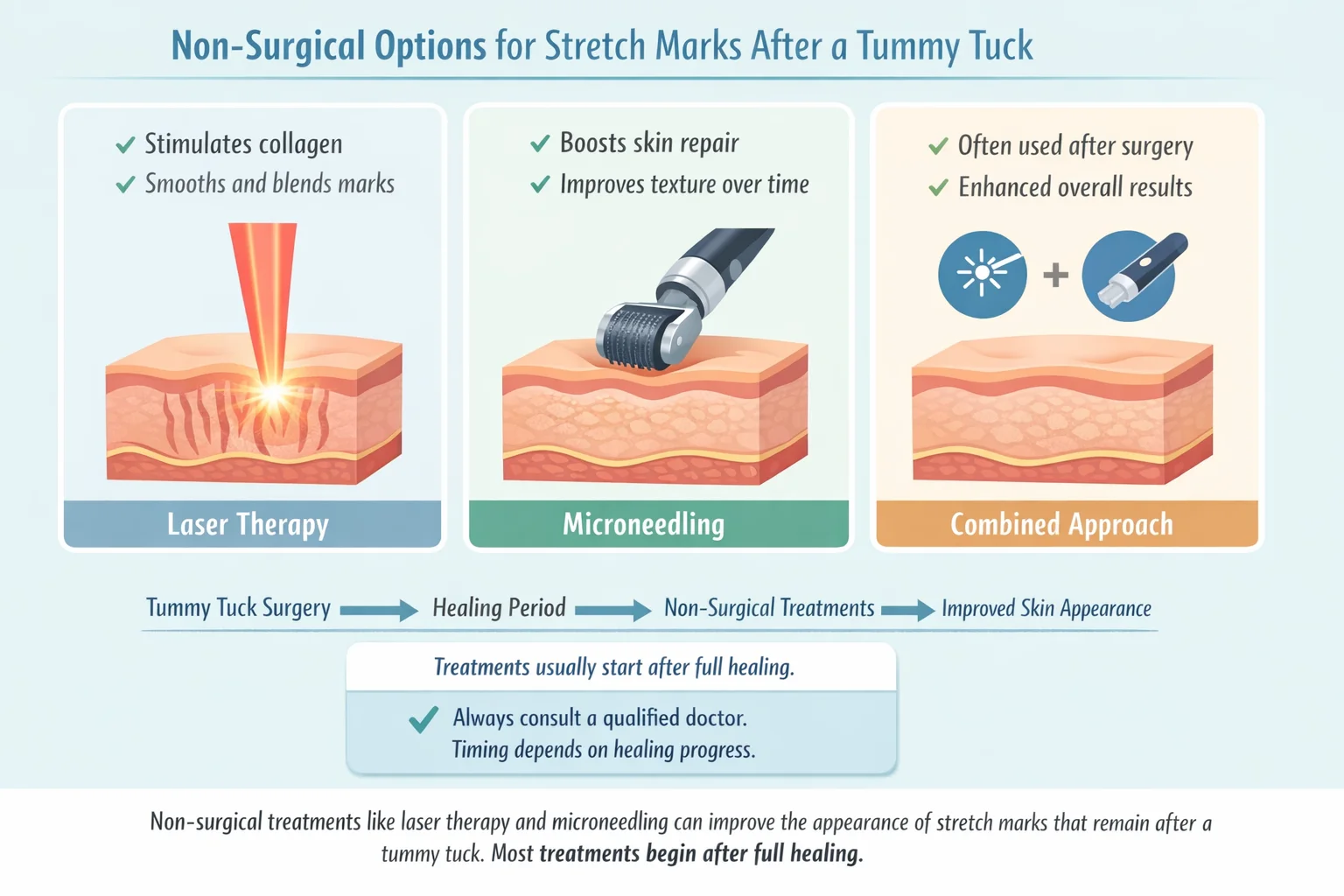 Illustration of non-surgical treatments for stretch marks after a tummy tuck, showing laser therapy, microneedling, and combined skin rejuvenation approach after healing