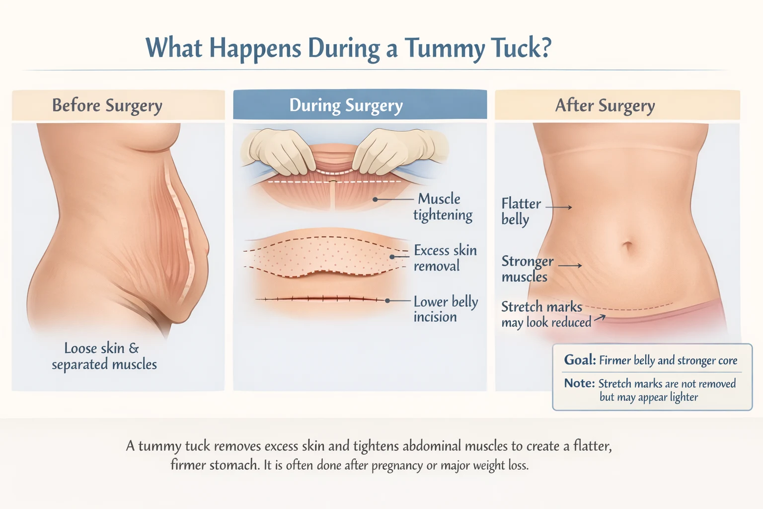 Tummy tuck procedure illustration showing before surgery loose abdominal skin, during surgery muscle tightening and skin removal, and after surgery flatter belly results