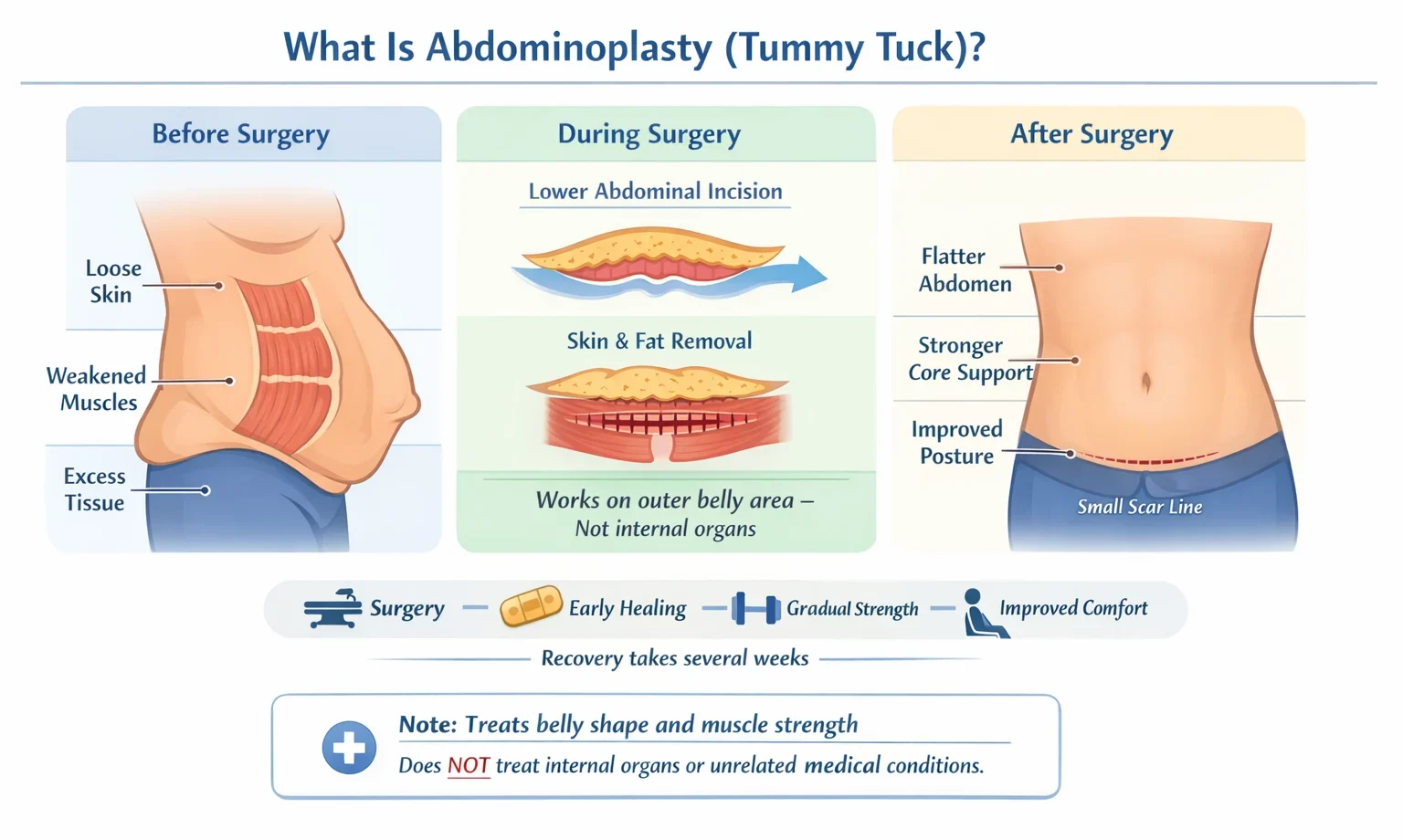 Medical illustration explaining abdominoplasty tummy tuck procedure showing before surgery loose skin and weak muscles, during surgery skin and fat removal, and after surgery flatter abdomen