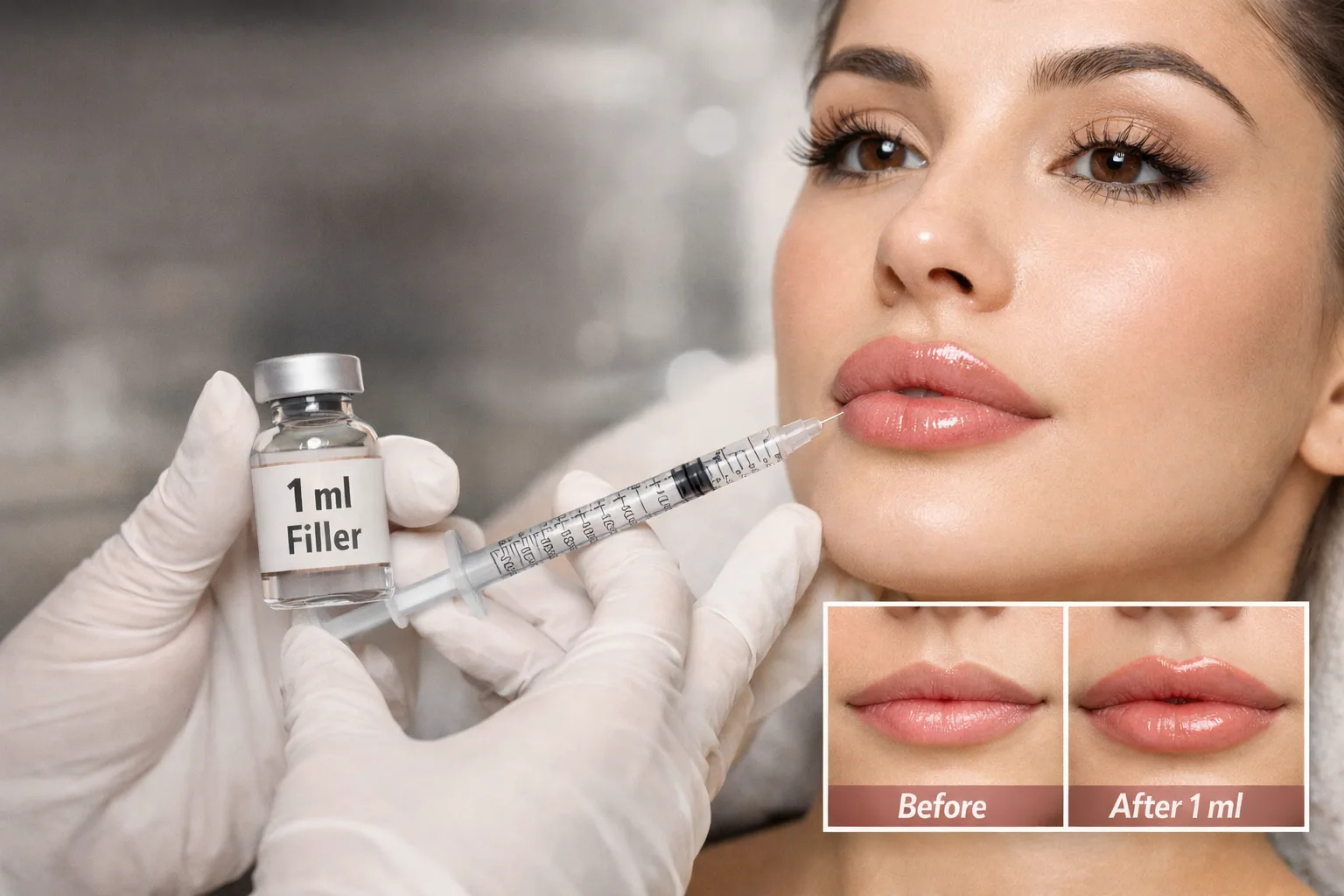 Before and after image showing the results of a 1 ml lip filler treatment. The woman's lips have a subtle, natural boost in shape and volume, with the filler enhancing her lip border and cupid’s bow for a balanced, fuller look.