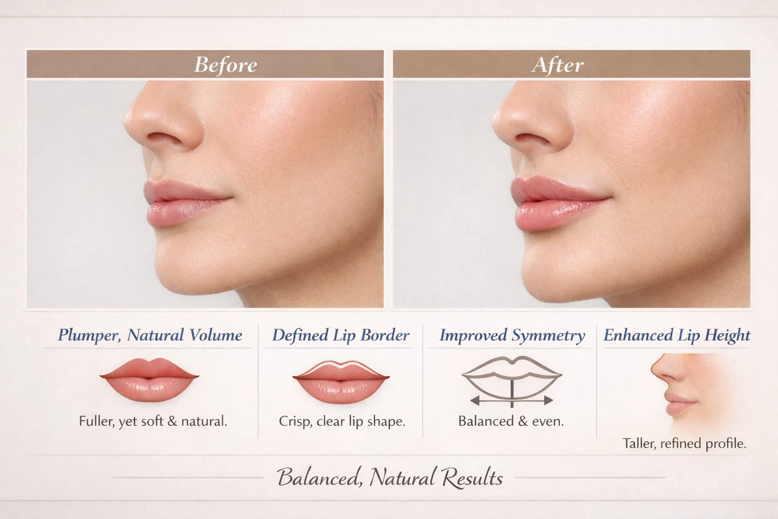 Before and after lip filler treatment showing fuller, plumper lips with enhanced definition, improved symmetry, and a refined profile. Key benefits: natural volume, defined lip border, balanced symmetry, and enhanced lip height.