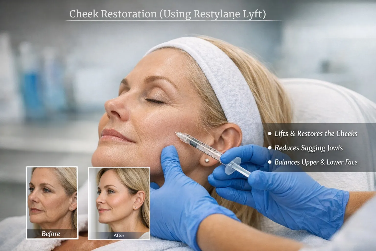 Before, during, and after images of a woman undergoing cheek restoration with Restylane Lyft, showing improved fullness, lifted cheeks, and reduced sagging jowls.