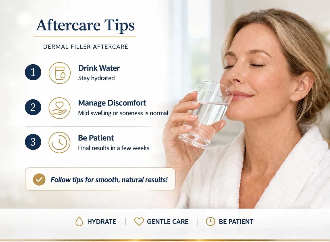 Aftercare infographic for dermal filler treatments, emphasizing hydration, managing discomfort, and being patient for smooth, natural results.