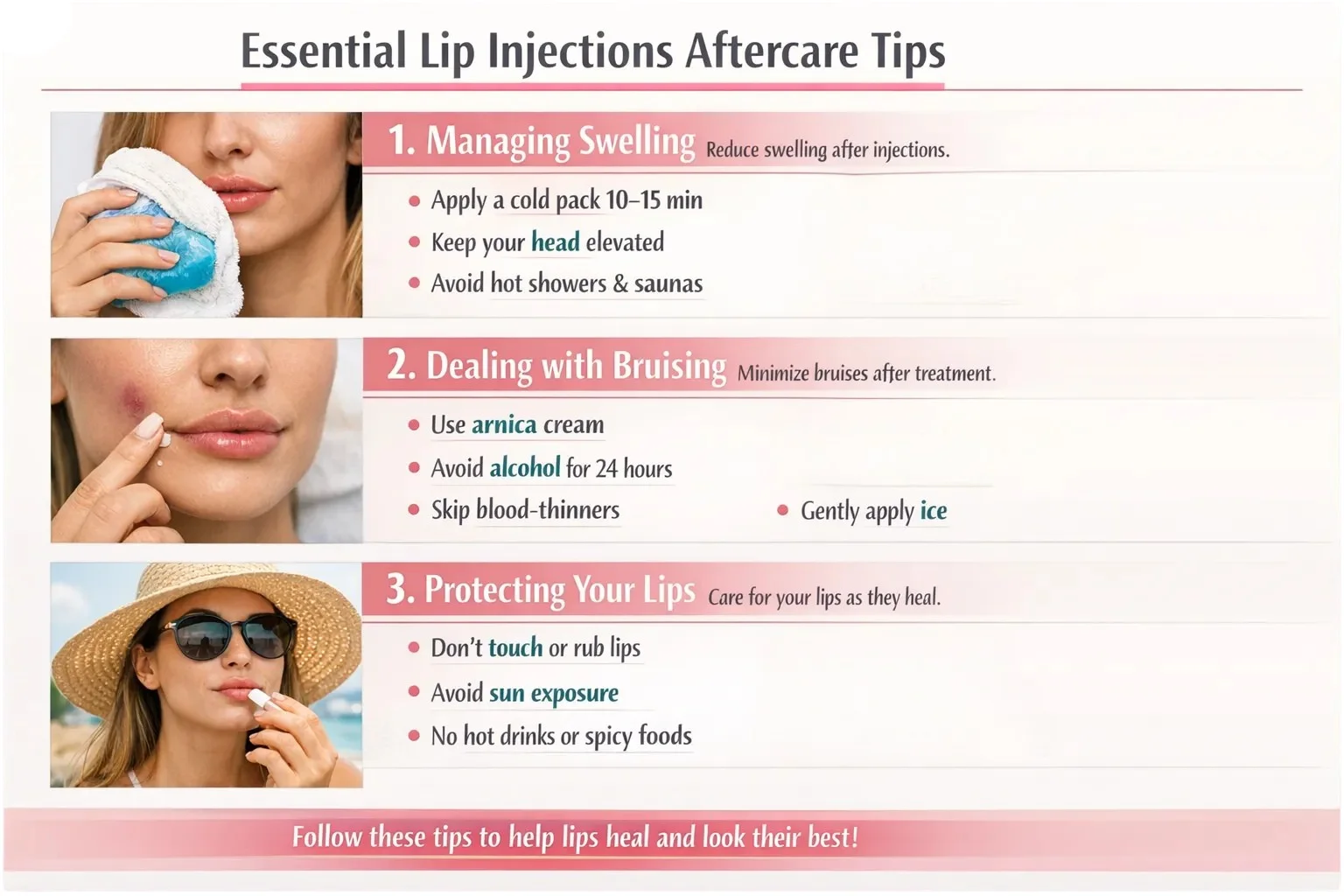 Infographic showing essential aftercare tips for lip injections, including managing swelling, dealing with bruising, and protecting your lips during the healing process. The tips help minimize discomfort and promote faster recovery for the best results.