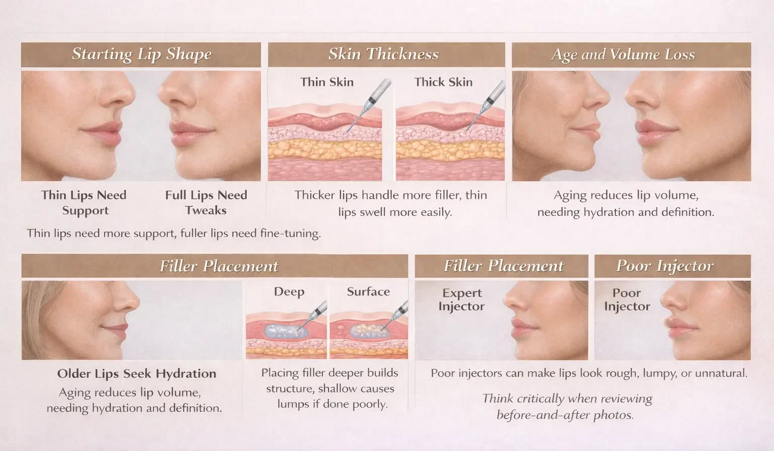 Infographic showing the factors that impact lip filler outcomes, including starting lip shape, skin thickness, age-related volume loss, filler placement, and injector skill. Key visuals explain how each factor affects the before-and-after results of lip enhancement.