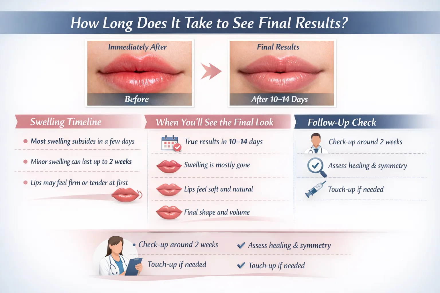Infographic detailing the timeline for seeing final results from lip injections, including swelling reduction, final lip shape, and volume. It outlines when to expect the true results within 10–14 days and the importance of a follow-up check-up around two weeks to assess healing and symmetry.