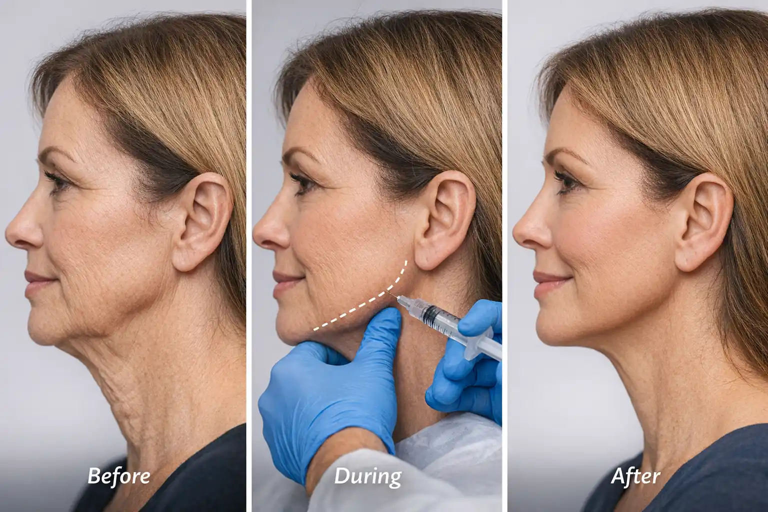 Before, during, and after images of a woman undergoing Radiesse jawline enhancement, showing improved jawline definition, reduced sagging, and a firmer, youthful appearance.