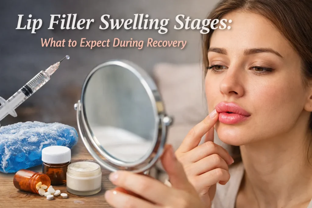 Lip Filler Swelling Stages: What to Expect During Recovery" showing a woman inspecting her swollen lips in a mirror with a syringe, ice pack, medication, and soothing cream nearby. The soft lighting emphasizes recovery essentials and the swelling process.