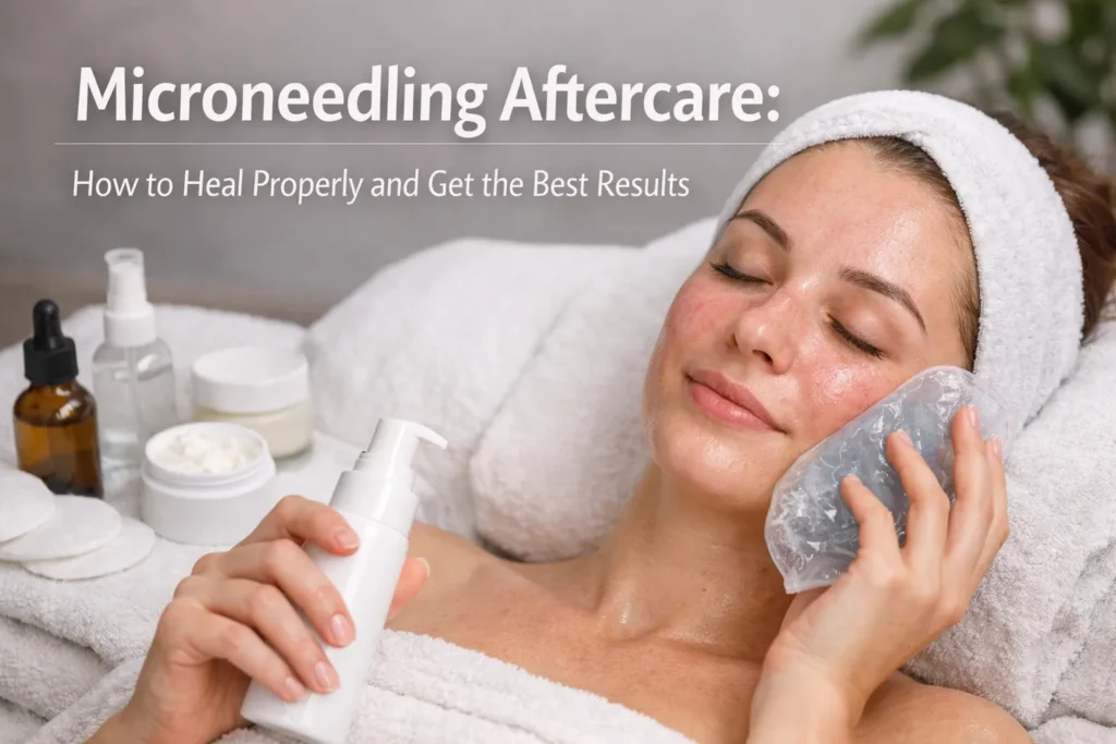 Young woman with fair skin using cooling gel on face after microneedling treatment, surrounded by skincare products for proper aftercare and healing.