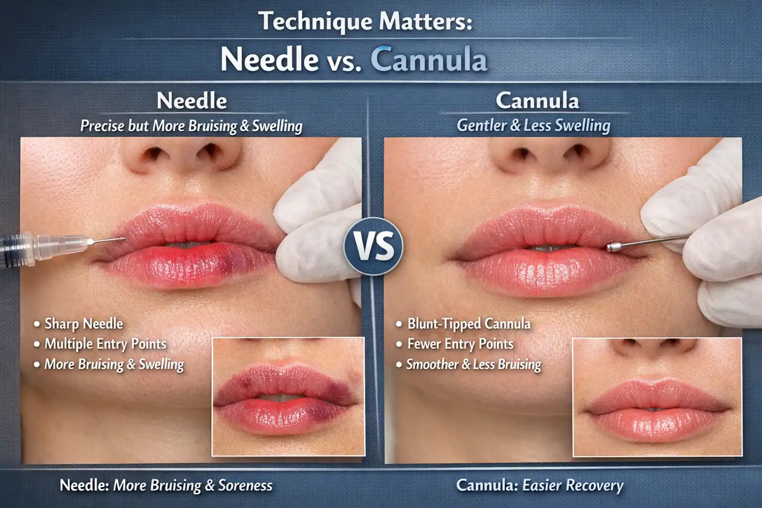 An educational comparison between needle and cannula lip filler techniques. The left side shows a sharp needle causing more bruising and swelling, while the right side demonstrates a blunt-tipped cannula with fewer entry points, less bruising, and a smoother recovery.