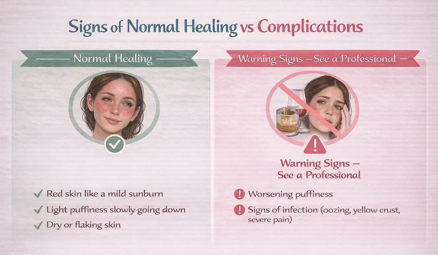 Infographic showing normal healing signs and warning signs of complications after microneedling, highlighting symptoms like mild redness, swelling, and flakiness vs. severe swelling, oozing, and infection.