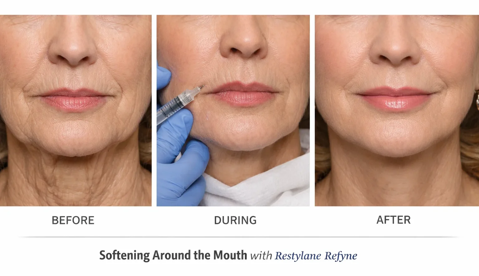Before, during, and after images of a woman receiving Restylane Refyne treatment around her mouth, showing softened fine lines, lifted corners of the mouth, and a rejuvenated lower face.