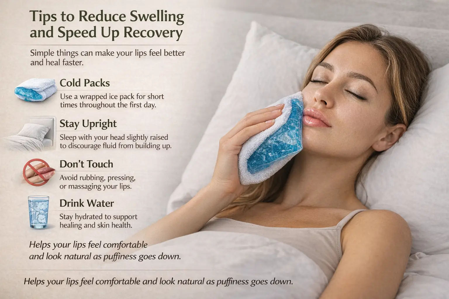 Infographic with tips to reduce swelling and speed up recovery after lip filler injections. Includes advice on using cold packs, staying upright, avoiding touching lips, and staying hydrated. Features a woman applying a cold gel pack to her lips in a calming setting.