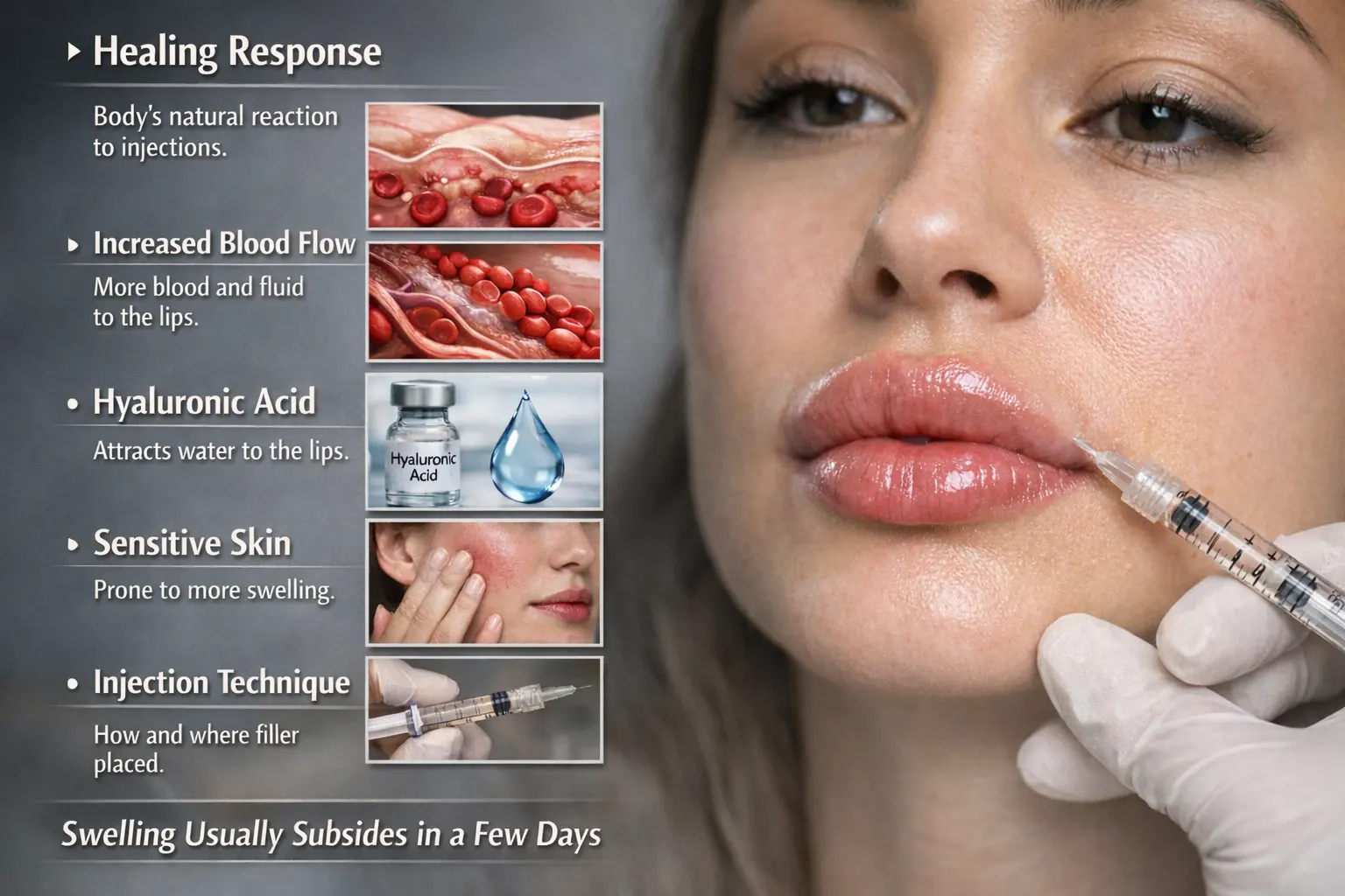 Illustration showing the causes of swelling after lip filler injections, including the body's healing response, increased blood flow, the role of hyaluronic acid, sensitive skin, and injection technique. The swelling typically subsides within a few days.