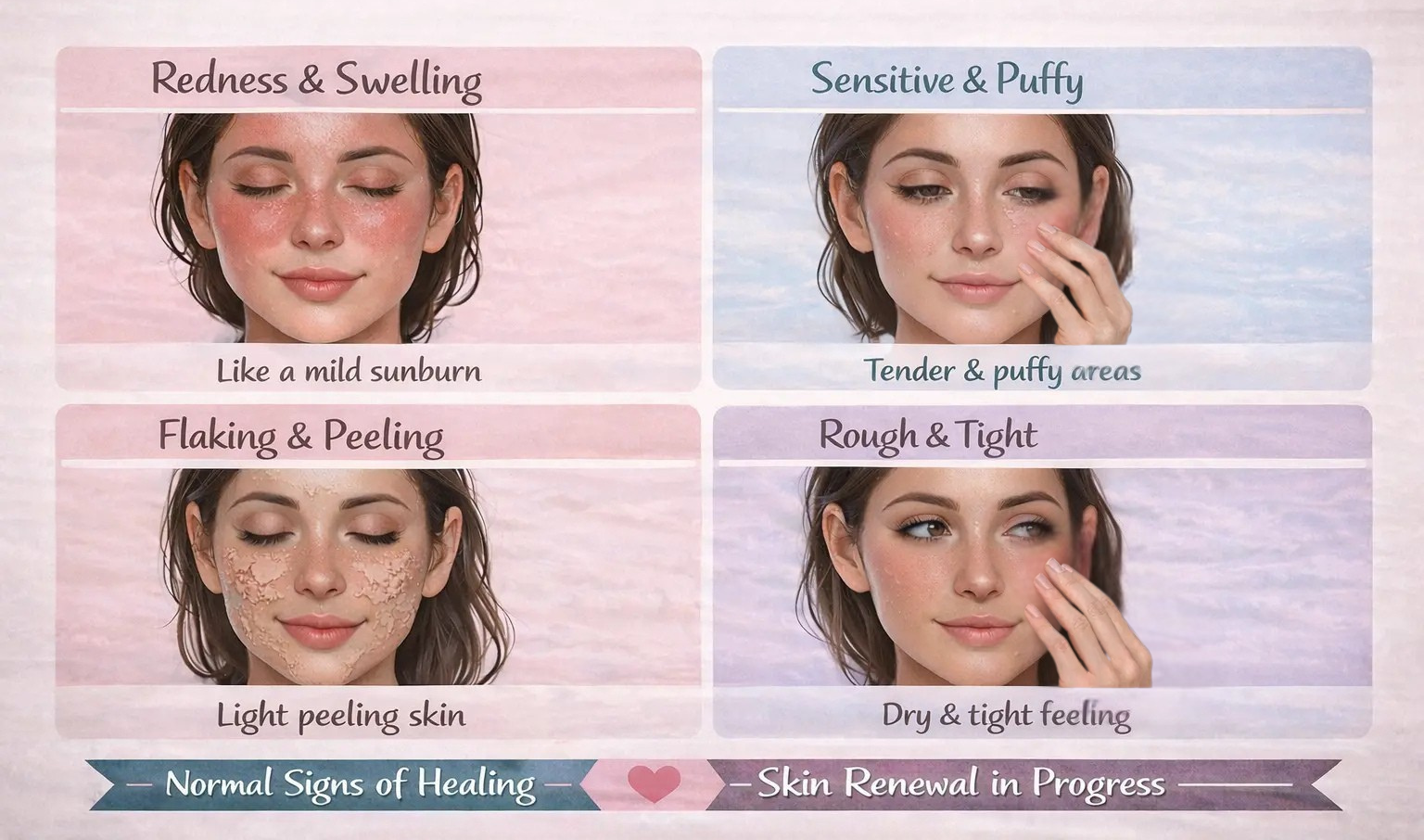 Infographic showing the normal stages of skin healing after microneedling, including redness, swelling, puffiness, peeling, and tightness, highlighting temporary effects as the skin renews itself.