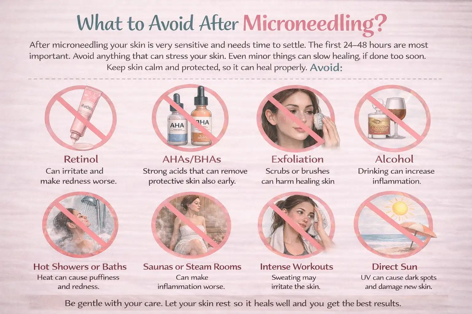 Infographic highlighting activities to avoid after microneedling, including retinol, AHA/BHA products, exfoliation, alcohol, hot showers, saunas, intense workouts, and direct sun exposure, for optimal skin healing and recovery.