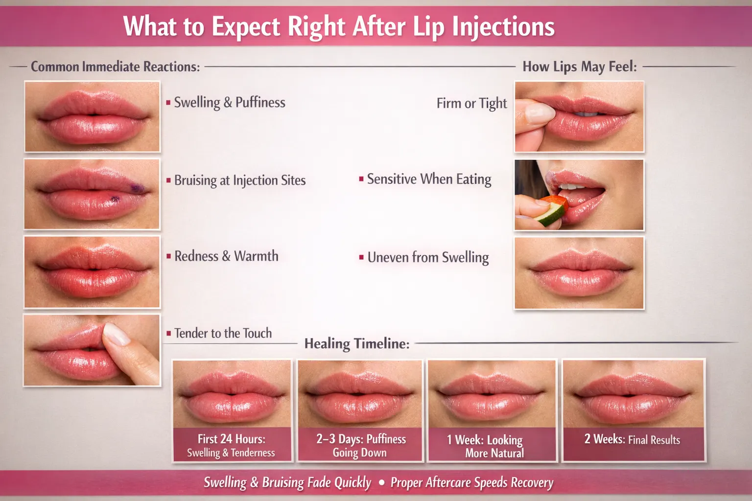 Infographic outlining the common immediate reactions after lip injections, including swelling, bruising, and tenderness. The healing timeline shows the stages from the first 24 hours to two weeks, highlighting how lips feel and progress during recovery.