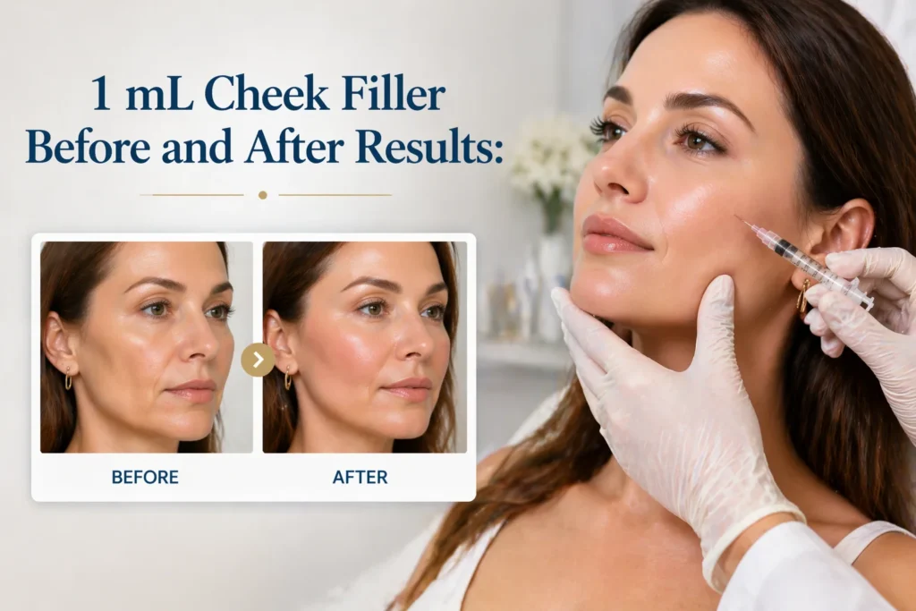 Before and after image of a 1 mL cheek filler treatment showing enhanced cheek volume in a woman in a professional medical setting.