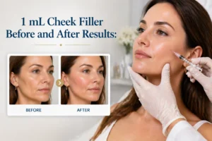 Before and after image of a 1 mL cheek filler treatment showing enhanced cheek volume in a woman in a professional medical setting.
