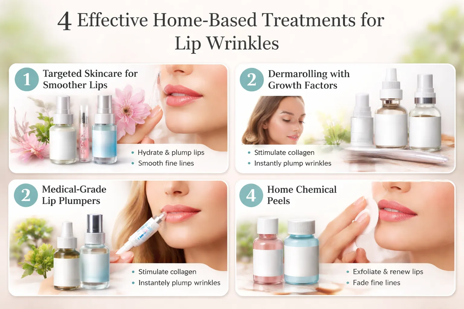 4 Effective Home-Based Treatments for Lip Wrinkles: Skincare for smoother lips, medical-grade lip plumpers, dermarolling with growth factors, and home chemical peels to hydrate, plump, and smooth lips, reducing fine lines and wrinkles.