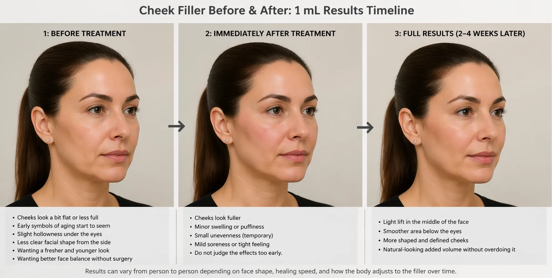 Infographic showing the three stages of cheek filler results with 1 mL of filler: Before treatment with flat cheeks and early aging signs, immediately after treatment with fuller cheeks and slight swelling, and the final results after 2-4 weeks with a natural lift and smoother cheek contours.