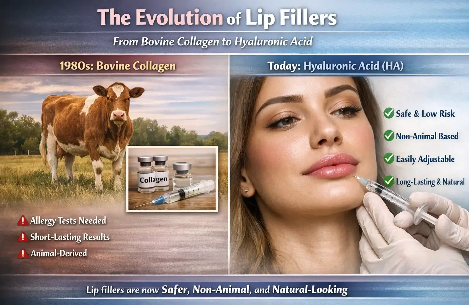 A side-by-side comparison of lip fillers evolution: On the left, bovine collagen from the 1980s with allergy risks and short-lasting effects; on the right, modern hyaluronic acid fillers offering safe, non-animal, and long-lasting results. The image showcases a cow, collagen vials, and a woman receiving a lip filler treatment.