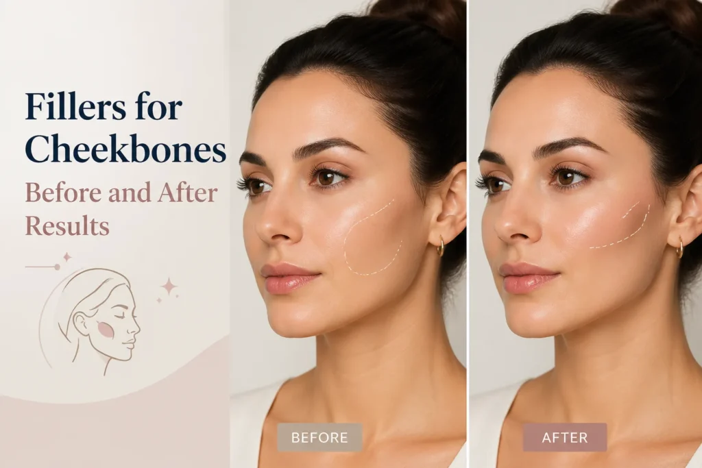 Before and after images showcasing the transformation of cheekbones with cosmetic fillers, highlighting improved cheekbone definition and enhanced facial aesthetics.