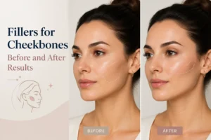 Before and after images showcasing the transformation of cheekbones with cosmetic fillers, highlighting improved cheekbone definition and enhanced facial aesthetics.