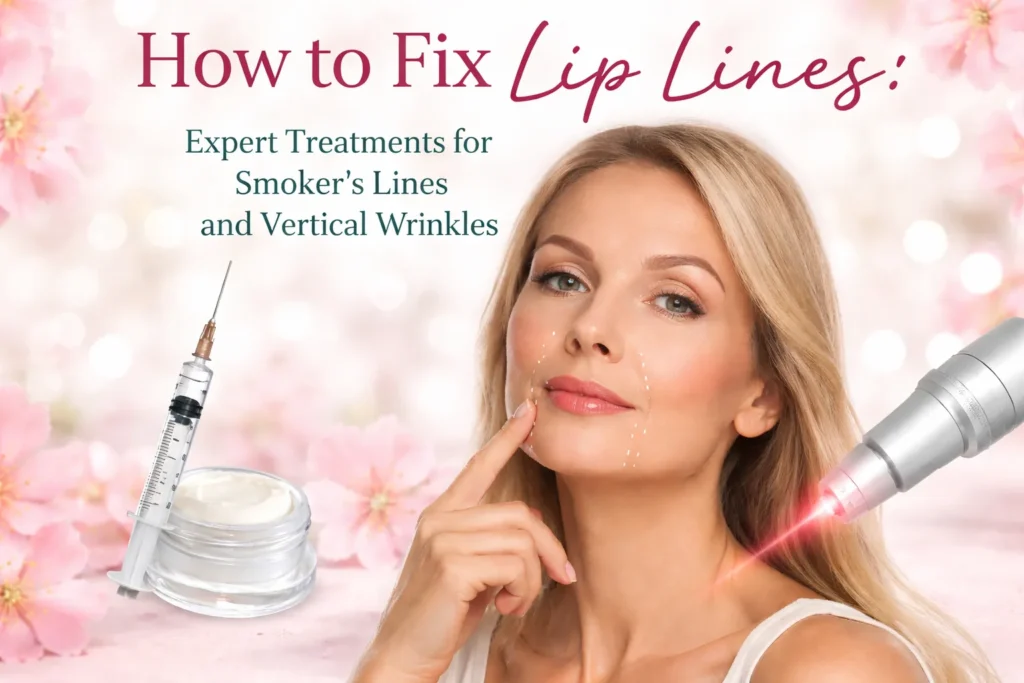 Close-up of a middle-aged woman with dotted markings around her lips, showcasing expert treatments for fixing smoker's lines and vertical wrinkles, including dermal filler syringe, cream, and red-light laser device, set against a soft pink floral background.