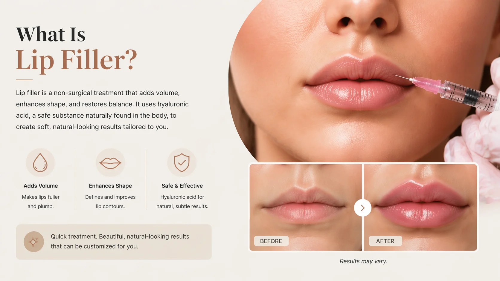 Before and after image showing the results of a lip filler treatment. The procedure uses hyaluronic acid to add volume, enhance shape, and restore balance to the lips, providing a natural and subtle look.