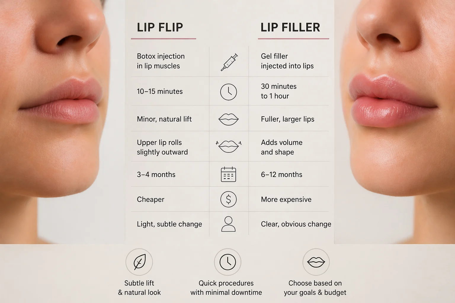 Infographic comparing Lip Flip and Lip Filler cosmetic procedures. Features images and key differences in process, results, duration, cost, and suitability for subtle or fuller lip enhancement.