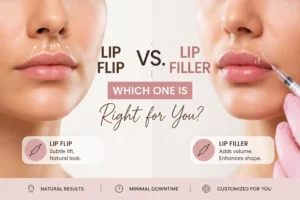 Comparison of Lip Flip vs Lip Filler treatments with clear before-and-after images. Lip flip offers a subtle lift, while lip filler adds volume and enhances shape for fuller lips.