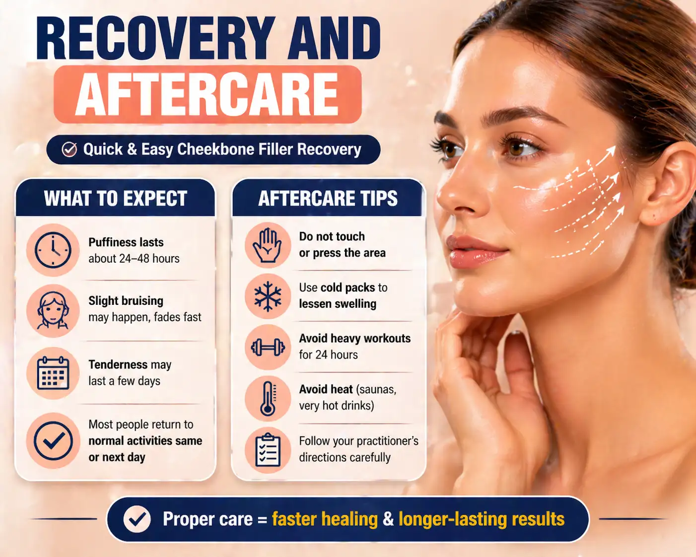 Infographic for cheekbone filler aftercare: expect mild puffiness and bruising; avoid heat, heavy workouts, and touching.