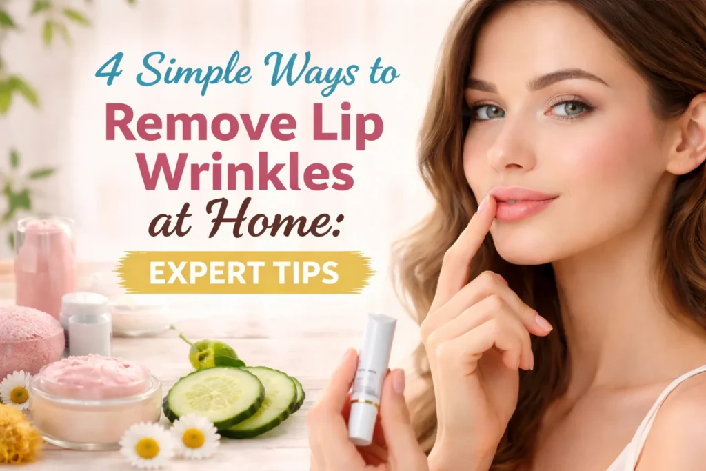 Expert tips for removing lip wrinkles at home with natural skincare products like lip balm, cucumber, and coconut oil. A woman gently touches her lips while holding a lip balm in a soothing skincare setting.