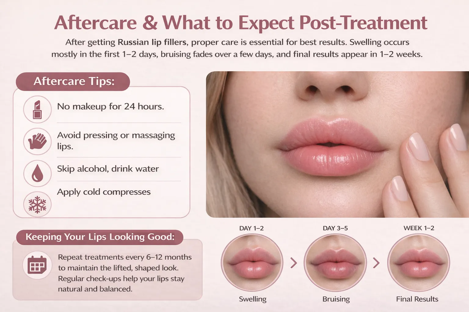 Infographic with tips for aftercare and post-treatment expectations following Russian lip fillers. The image highlights important steps like avoiding makeup, pressing, and alcohol, while tracking swelling, bruising, and final results over the first 1-2 weeks.