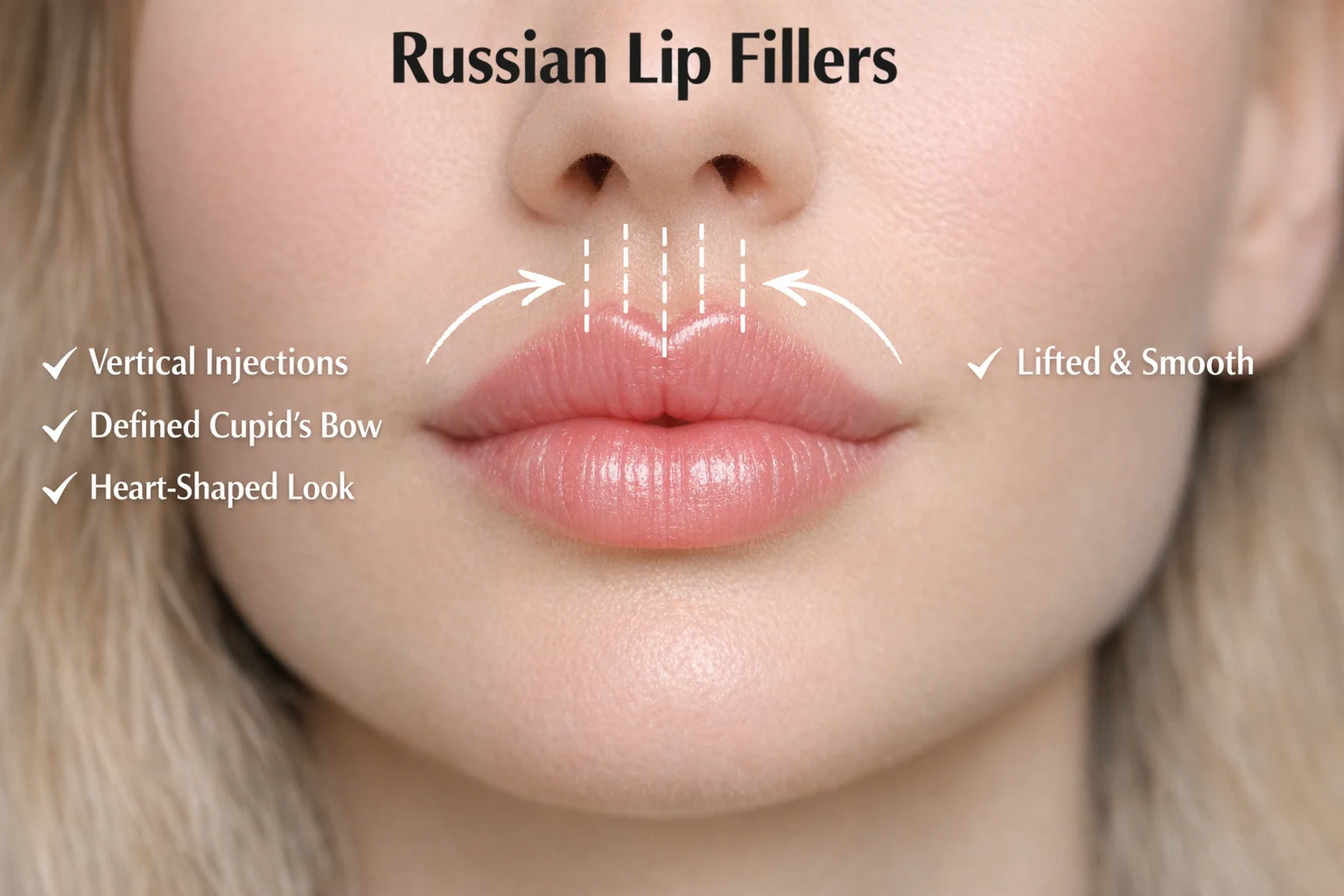 Close-up image of a woman’s lips enhanced with Russian lip fillers, showcasing a natural lift with vertical injections, defined cupid's bow, and heart-shaped look for smooth and lifted lips.