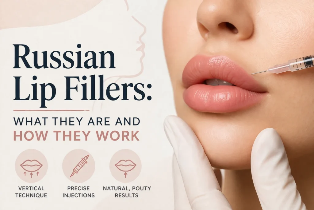 Infographic showing Russian lip fillers, with a close-up of lips and a syringe for the procedure, alongside key points on technique, injections, and results.