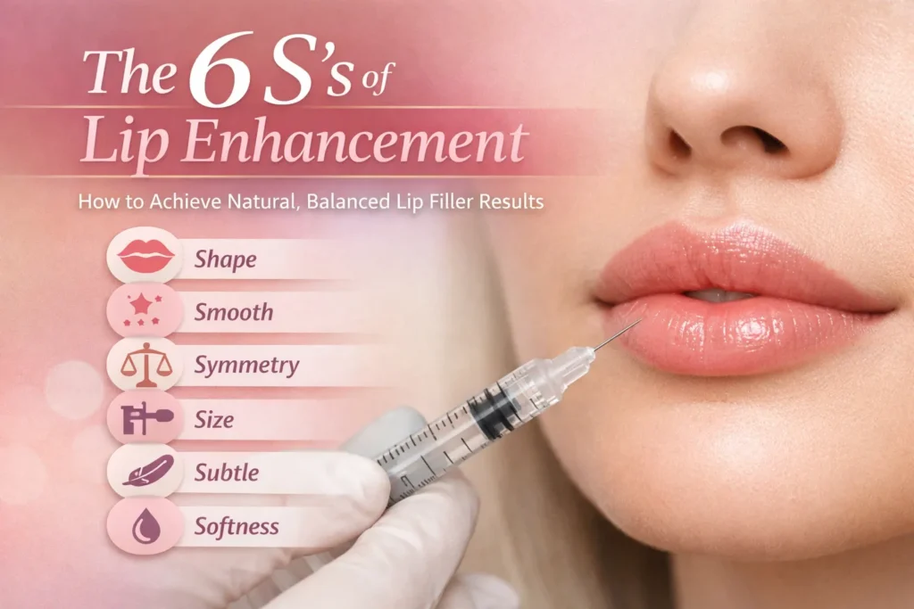 Close-up of a woman’s lips with a natural pink tone and subtle shine, showcasing the 6 S’s of lip enhancement: Shape, Smooth, Symmetry, Size, Subtle, Softness, with a syringe in hand for filler treatment against a soft gradient background.