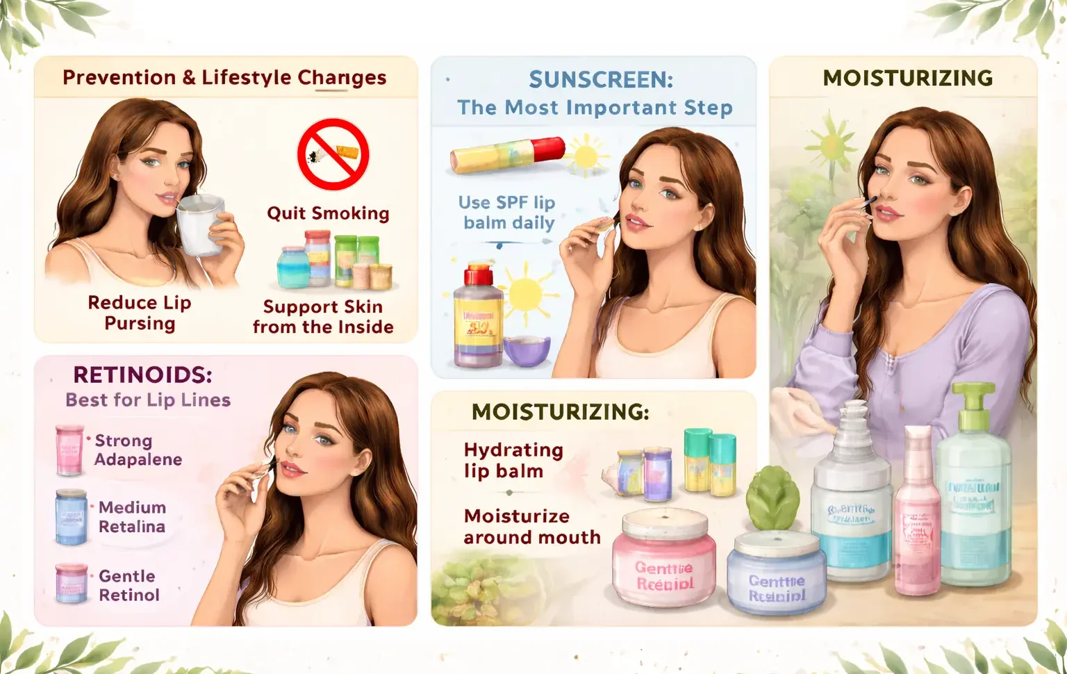 An informative infographic offering tips to reduce lip lines. It includes lifestyle changes like quitting smoking, using SPF lip balm, retinoids for smoother skin, and moisturizing techniques to keep lips hydrated and youthful.