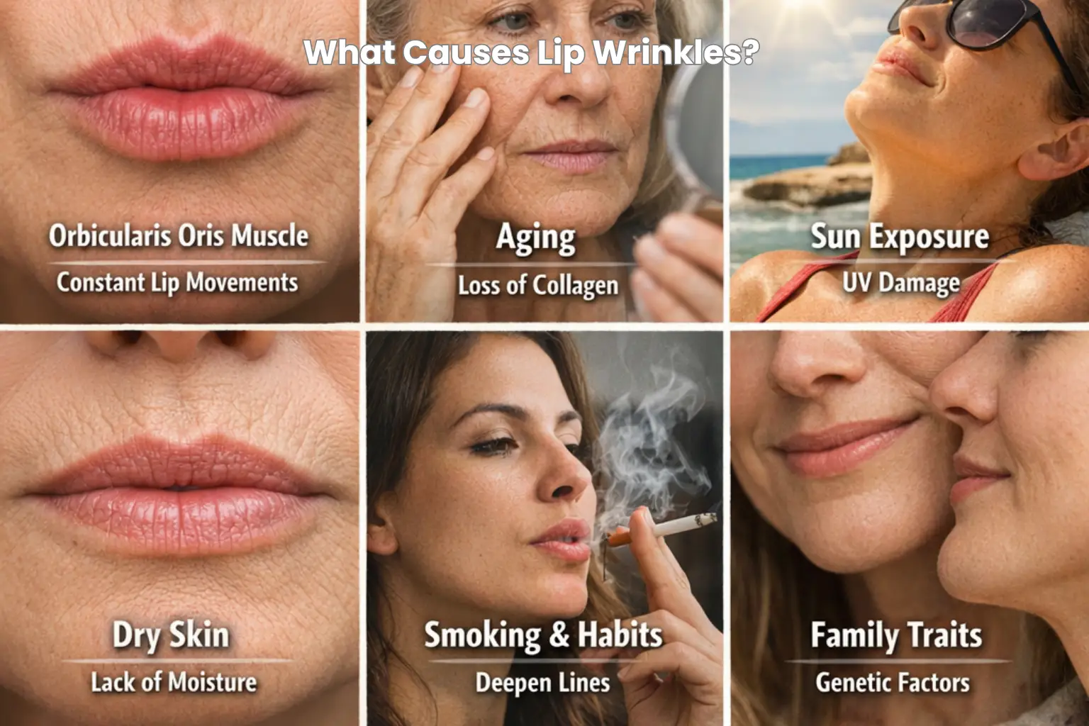 Causes of Lip Wrinkles: Orbicularis Oris muscle from constant lip movements, aging and loss of collagen, sun exposure causing UV damage, dry skin from lack of moisture, smoking and habits deepening lines, and genetic factors influencing family traits.