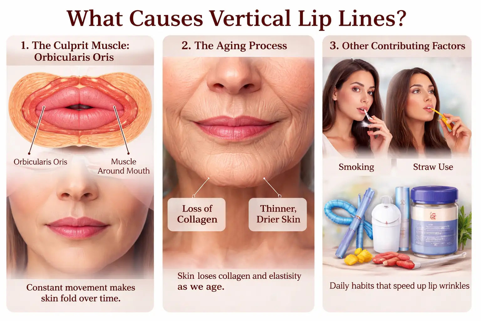 Infographic explaining the causes of vertical lip lines, including the orbicularis oris muscle, aging process, loss of collagen, thinner skin, smoking, straw use, and oral health habits.
